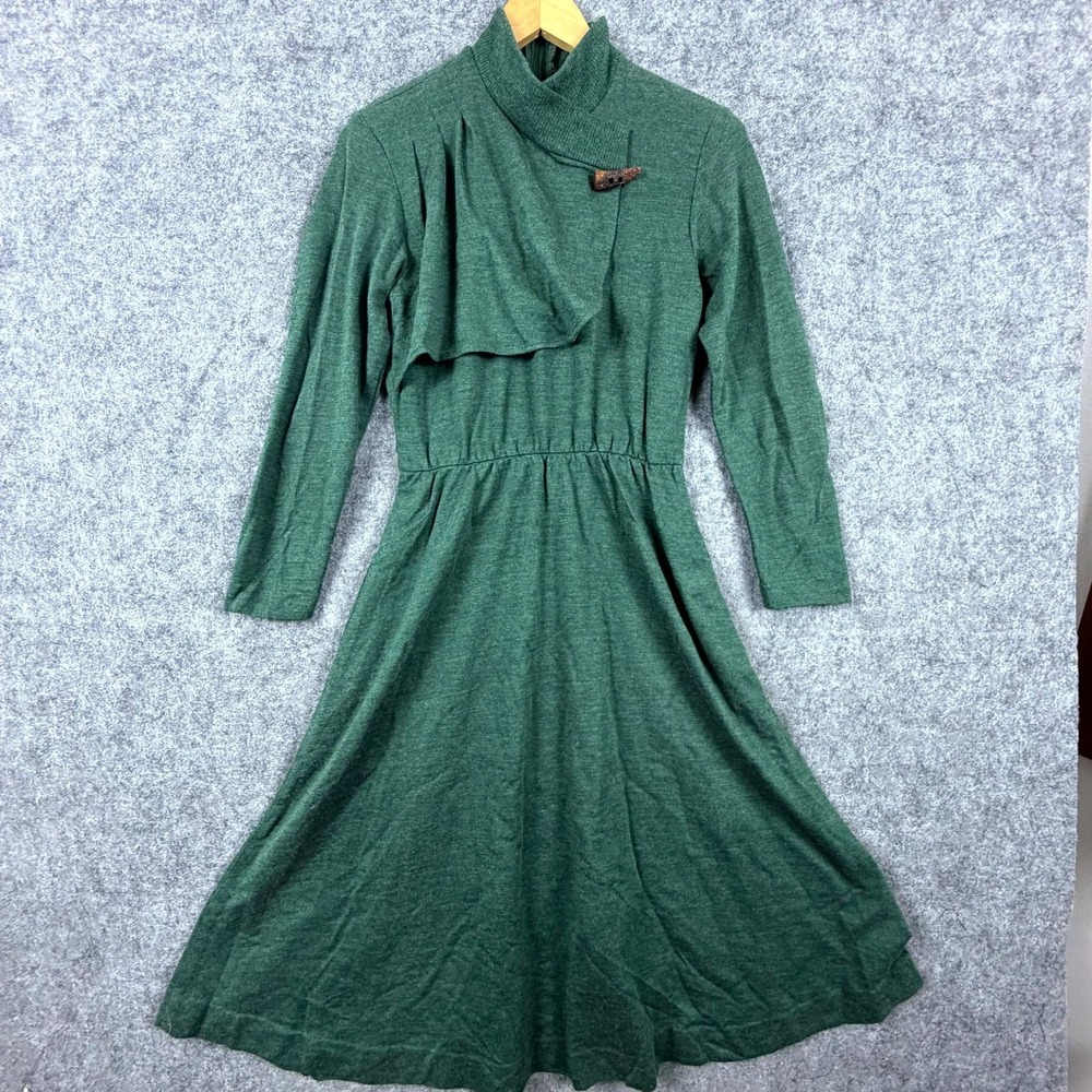 Vintage Bedford Fair Sweater‎ Dress Womens 4 Green Pleated 70s Party Mock Neck